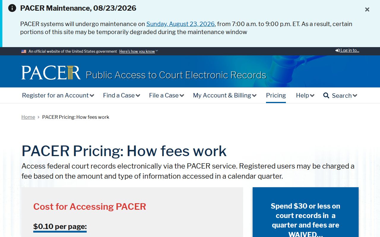 Troup County case search PACER federal pricing information