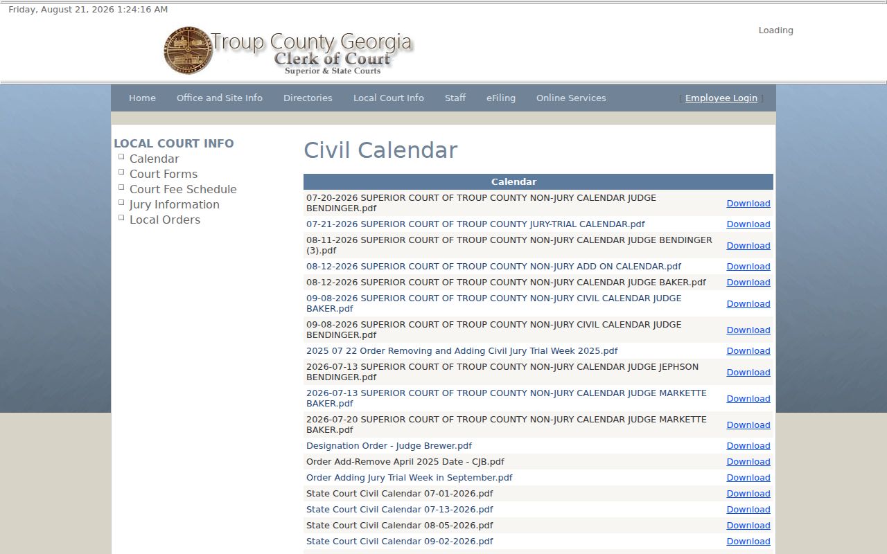 Troup County civil court docket calendar categories