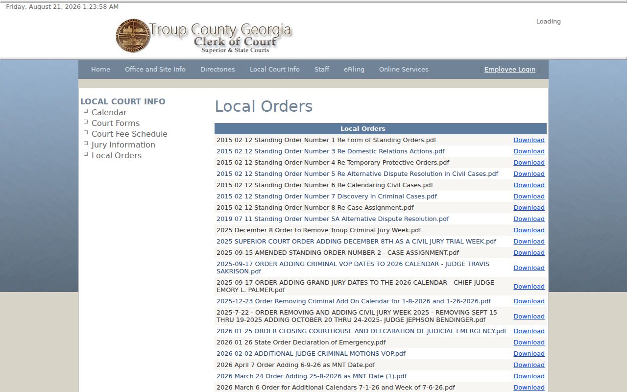 Troup County court schedule local orders affecting dates