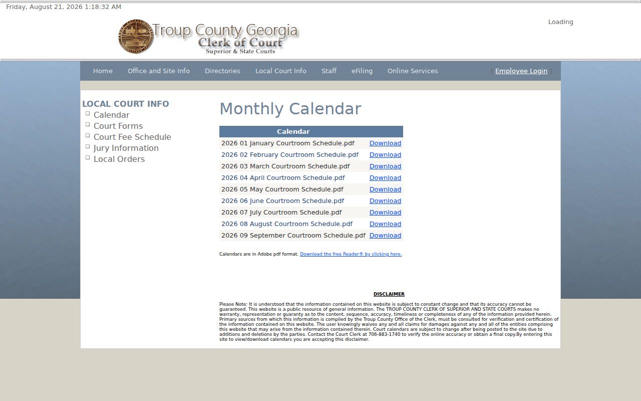 Troup County court schedule monthly calendar page