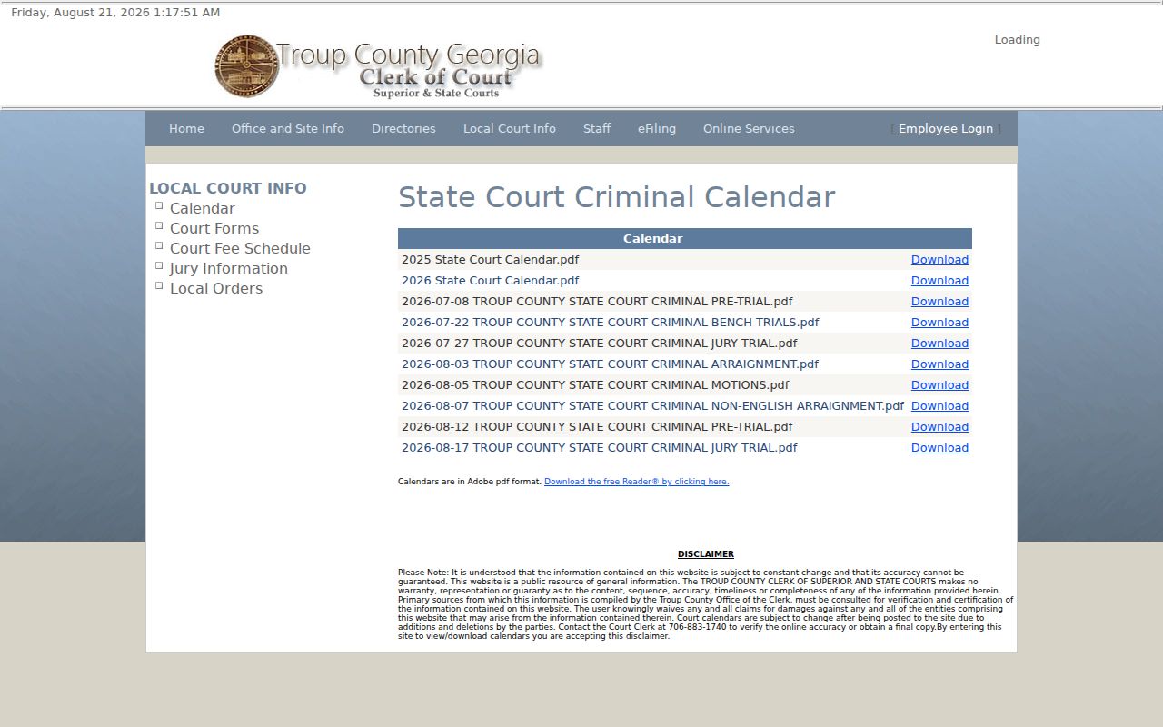 Troup County State Court criminal docket calendar