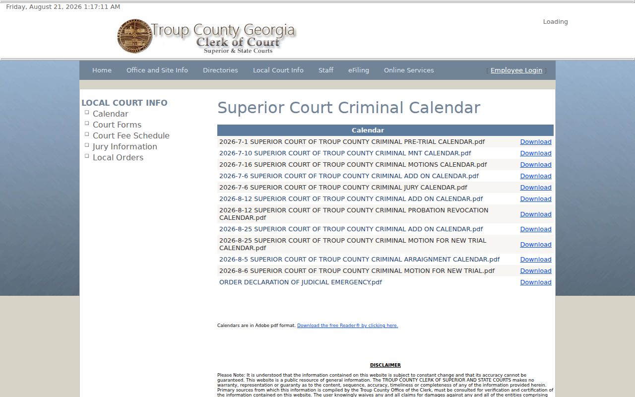 Troup County Superior Court criminal docket calendar